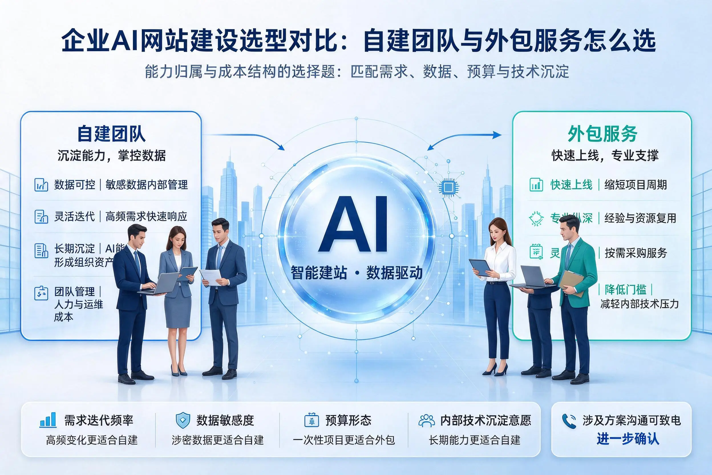 新乡企业AI网站建设选型对比:自建团队与外包服务怎么选